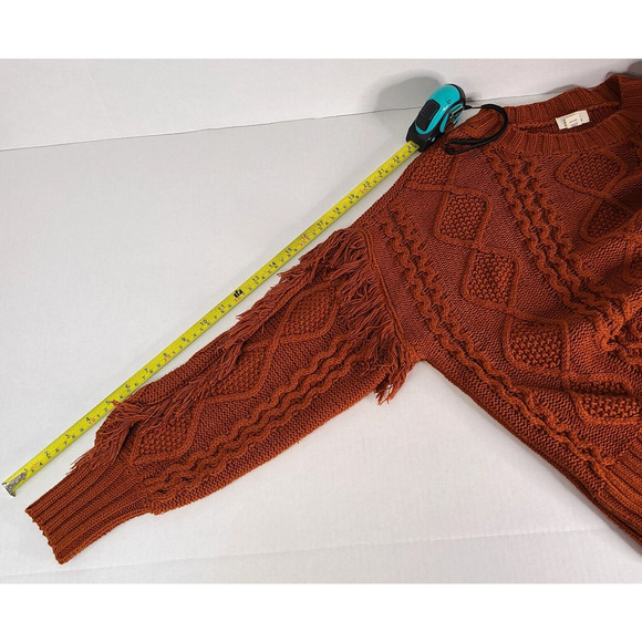 ANA Cable Knit Sweater Petite Small Bishop Sleeve Rust Orange Fringe Bohemian - Picture 12 of 13